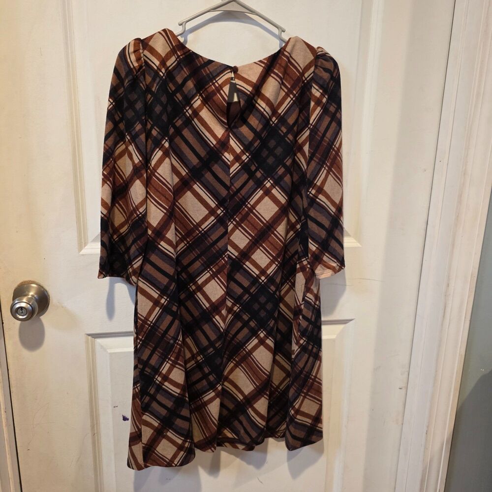 JH Collectibles Women's Petite Large Brown Plaid A-Line Dress 3/4 Sleeve NWT
